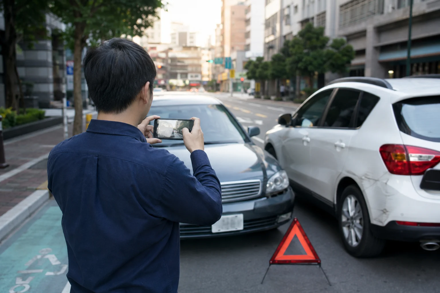 車主在事故現場以手機記錄兩車碰撞與警示三角架